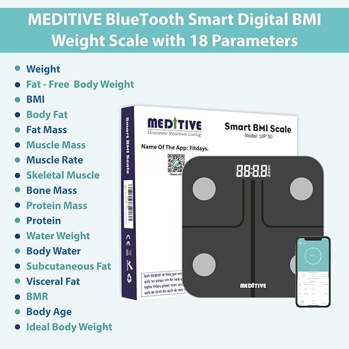 MEDITIVE Bluetooth BMI Digital Weight Scale â€“ Body Fat & Body Composition Analyzer (18 Parameters) image 2
